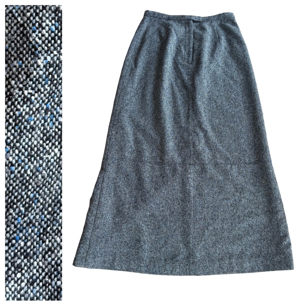Vintage Garnet Hill Silk Wool Blend A-Line Blue Black White Tweed Skirt Size 6